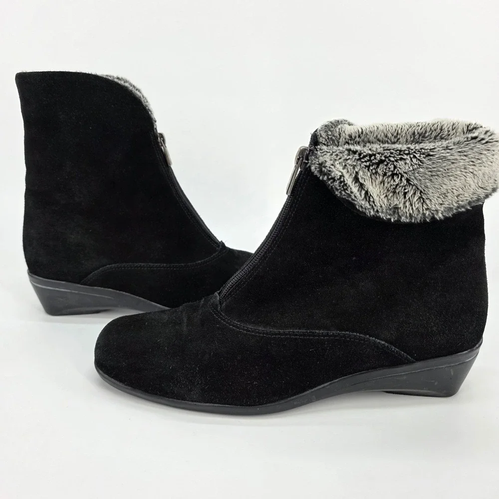 La Canadienne Waterproof Suede Ankle Boots Evitta 9.5 M Black Faux Fur Lined Zip